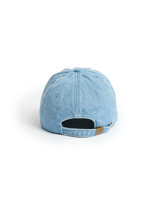 A light blue denim baseball cap shown from the back, featuring a curved snapback strap with a small tan leather accent on the side, set against a plain white background.