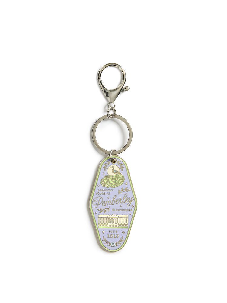 Keychain with text saying Ardently Yours at Pemberley Suite 1813 on a white background