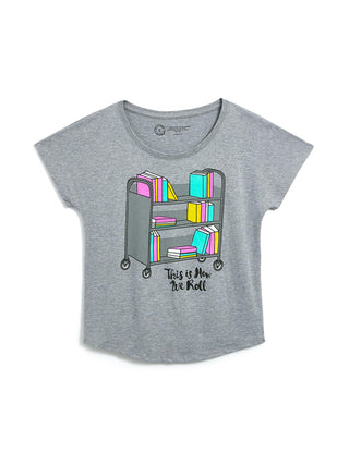 Gray t-shirt with a bookshelf graphic and text on a white background