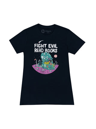 Women's crew neck t-shirt in midnight navy color with the text 'FIGHT EVIL READ BOOKS' and an illustration below the text.