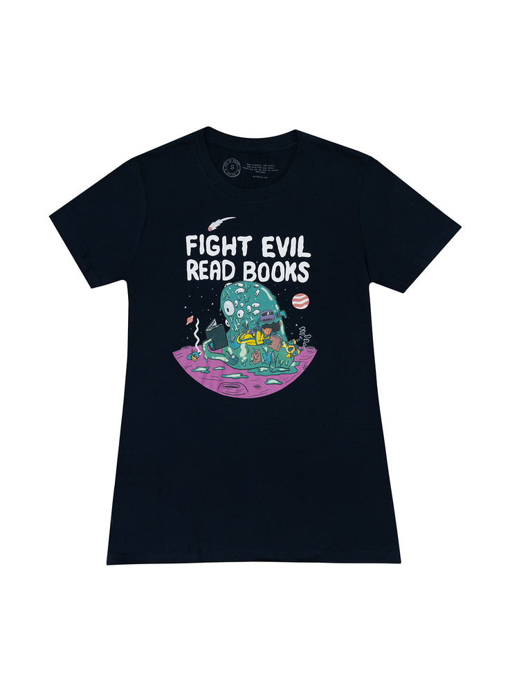 Women's crew neck t-shirt in midnight navy color with the text 'FIGHT EVIL READ BOOKS' and an illustration below the text.