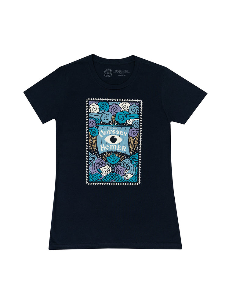 Women's midnight navy crew neck t-shirt with distressed print featuring artwork by Dana Tanamachi.