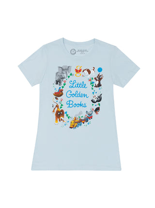 A light blue crew neck t-shirt with a distressed print featuring various characters and the text 'Little Golden Books'.
