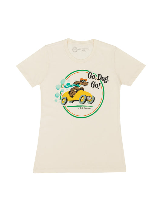 women's crew t-shirt in natural color with a graphic of a dog driving a car on the front.