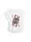 White t-shirt with a graphic design on a white background