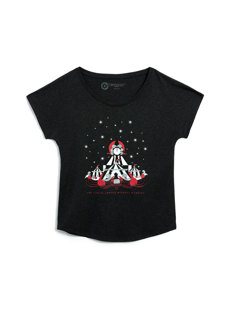 Black t-shirt with a graphic design on a white background