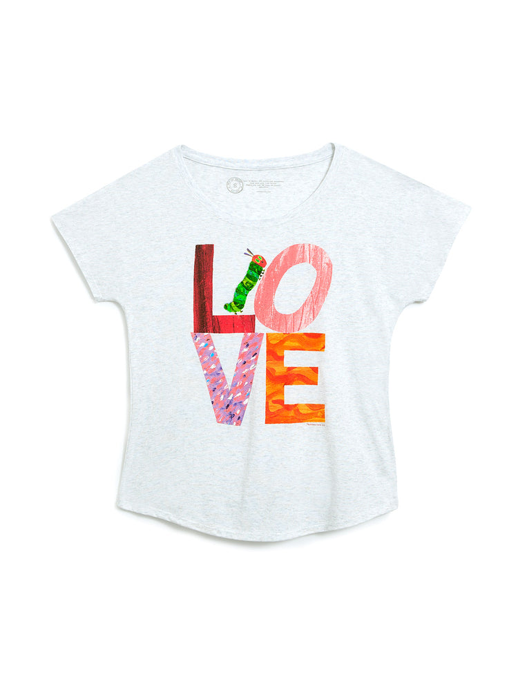 White t-shirt with colorful 'LOVE' text on a white background