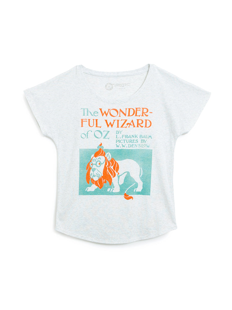 White t-shirt with 'The Wonderful Wizard of Oz' lion graphic on a white background