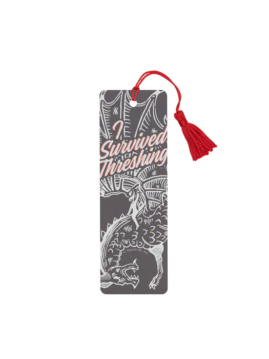 Bookmark with tassel featuring text and illustrations on a white background
