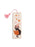 A rectangular cream-colored paper bookmark with a pink tassel, featuring a black cat reading an orange book under pink and orange stars.