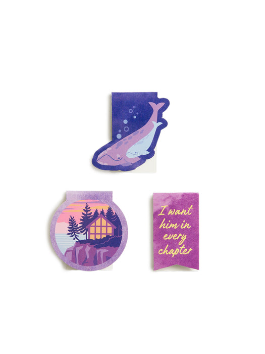 Set of three decorative bookmarks with purple and pink designs on a white background