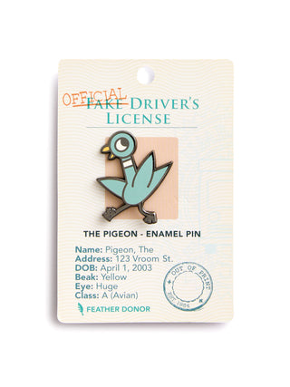 Enamel pin of a pigeon on a card labeled 'Official Fake Driver's License' with text details.