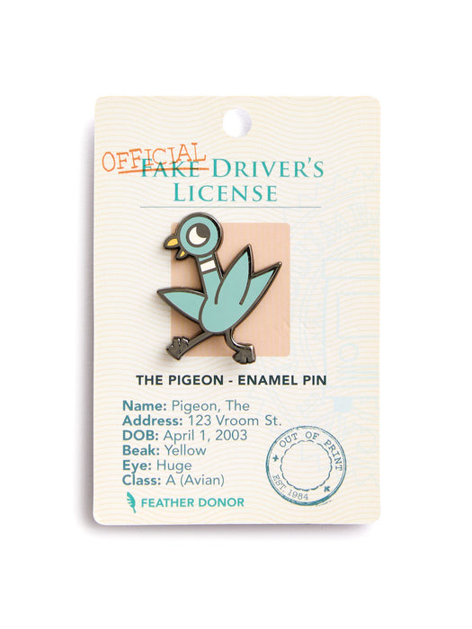 Enamel pin of a pigeon on a card labeled 'Official Fake Driver's License' with text details.