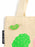 Close-up of a beige canvas tote bag with a woven handle, featuring a green pickle-shaped enamel pin, with a black fabric tag reading 'OUT OF PRINT'.