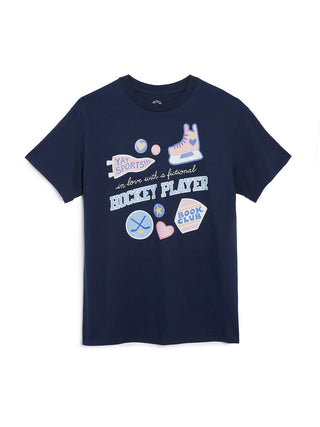 Navy blue t-shirt with text - in love with a fictional hockey player - and colorful graphics on a white background