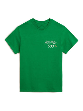 Green t-shirt with 'Busytown 500' text on a white background