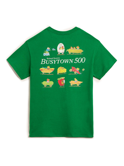 Green t-shirt with characters and 'BusyTown 500' text on a white background