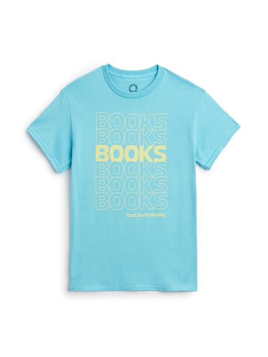 Light blue t-shirt with 'BOOKS BOOKS BOOKS - Thank You For Reading' text in yellow on a white background