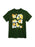 Green t-shirt with a graphic design of eggs and text on a white background