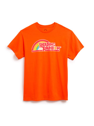 Orange t-shirt with 'Reading Rainbow' logo on a white background