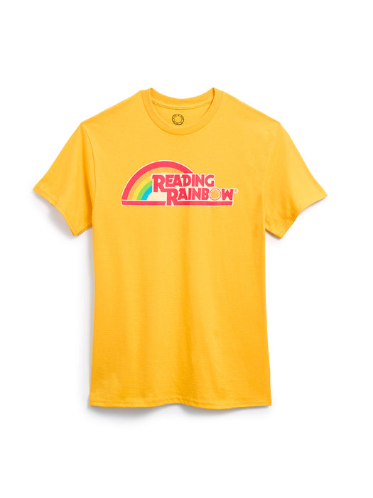 Yellow t-shirt with 'Reading Rainbow' logo on a white background