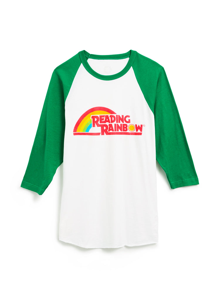 Green and white baseball shirt with 'Reading Rainbow' logo on a white background