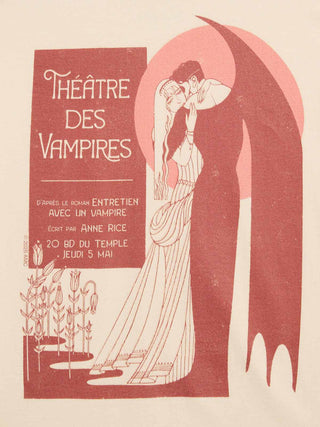 Vintage theatrical poster for 'Théâtre des Vampires' featuring an Art Nouveau illustration of a vampire embracing a woman, with French text on a cream background and a muted red design.