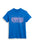 A bright blue short-sleeve t-shirt with a pink graphic on the front reading 'OUT OF THE BLACK, AND INTO THE BLUE ASTRONAUTICALS' with stars and a dotted arch design, shown on a plain white background.