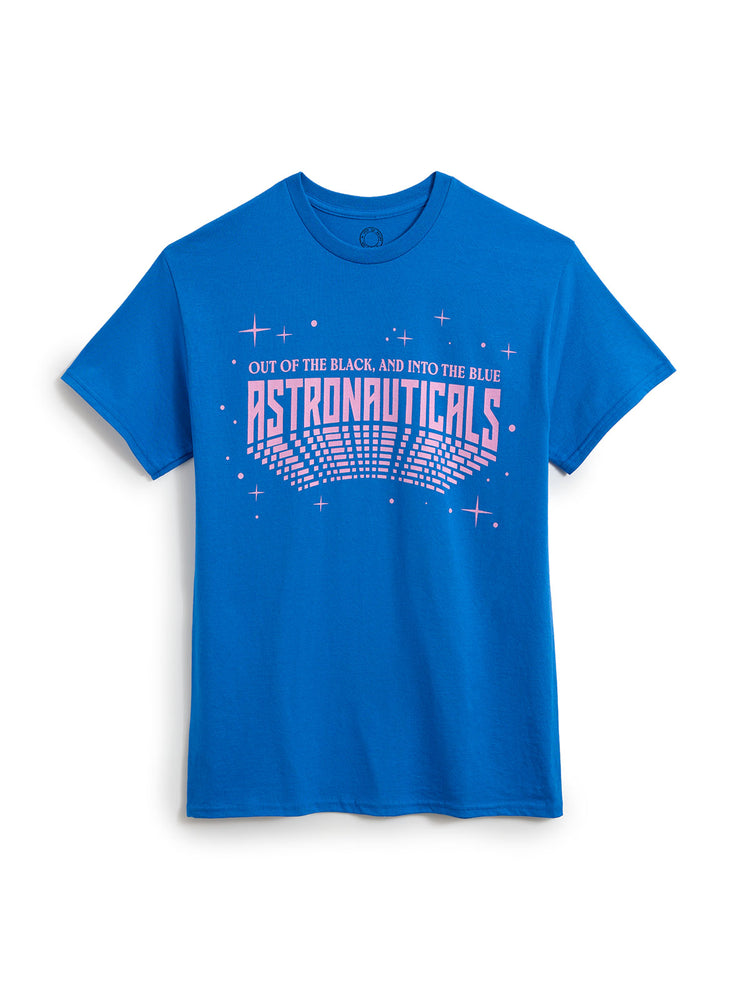 A bright blue short-sleeve t-shirt with a pink graphic on the front reading 'OUT OF THE BLACK, AND INTO THE BLUE ASTRONAUTICALS' with stars and a dotted arch design, shown on a plain white background.