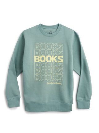 Teal sweatshirt with 'BOOKS BOOKS BOOKS - Thank You For Reading text in yellow on a white background