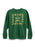 A green crewneck sweatshirt featuring a 'Pumpkin Patch Book Club' graphic on the chest, surrounded by a decorative border of pumpkins and geometric patterns in yellow, orange, and white.