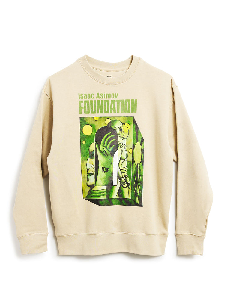 Beige sweatshirt with green graphic and text on a white background