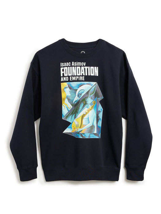 Navy blue sweatshirt with 'Isaac Asimov Foundation and Empire' text and graphic design on a white background