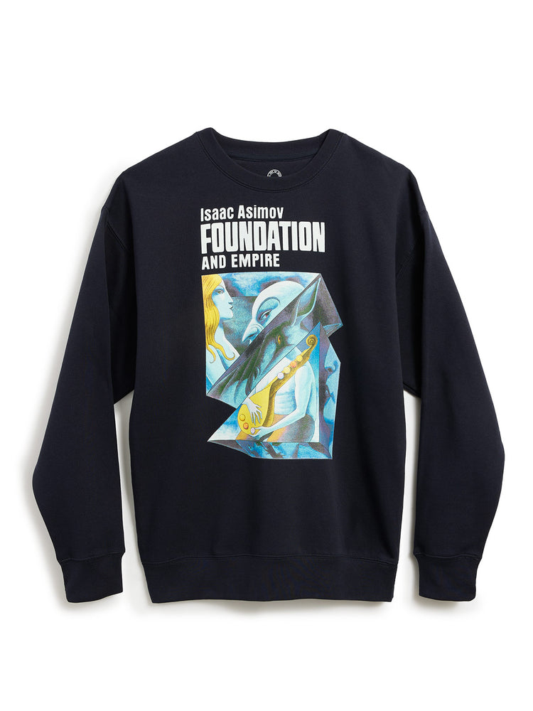 Navy blue sweatshirt with 'Isaac Asimov Foundation and Empire' text and graphic design on a white background