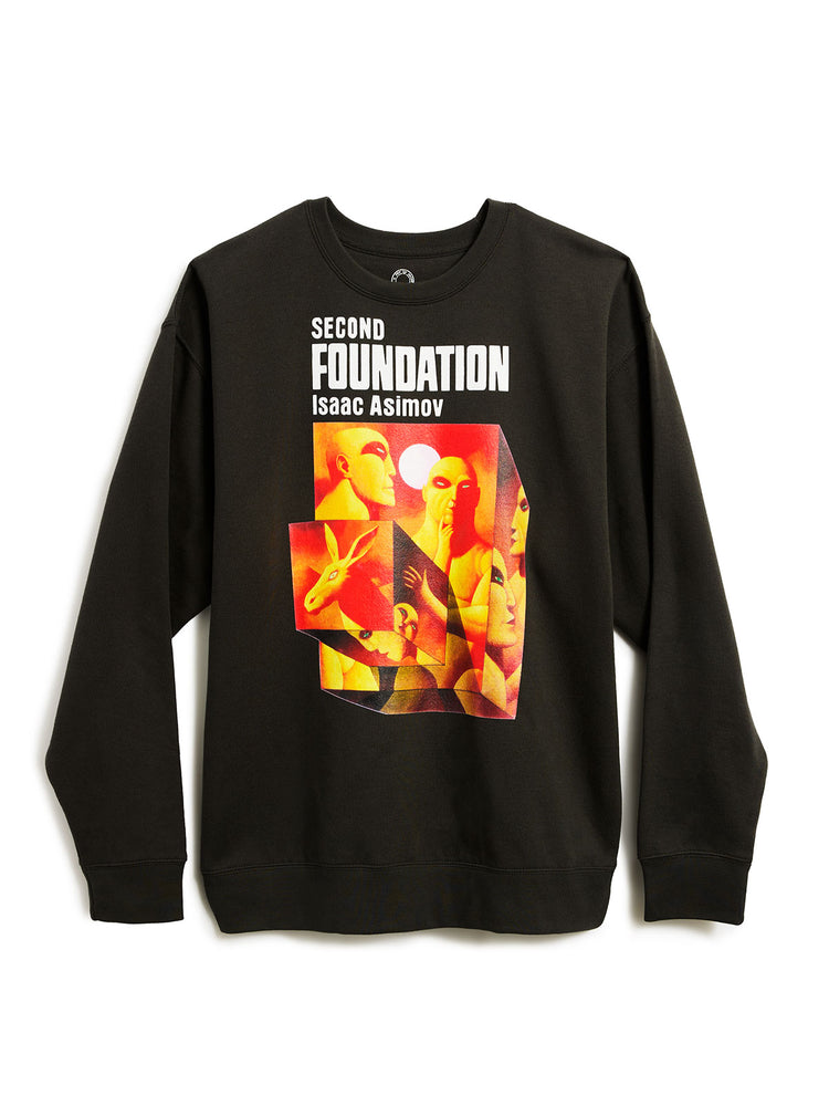 Black sweatshirt with 'Second Foundation' Isaac Asimov design on a white background