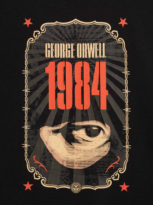 A graphic print of George Orwell's 1984 featuring a stylized illustration of a single eye on a black background with red and beige text and decorative border elements.