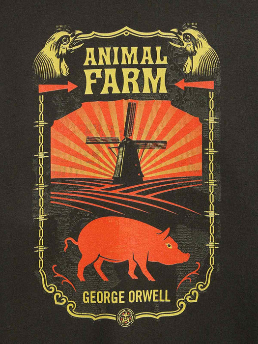 A graphic print featuring the words 'ANIMAL FARM' and 'GEORGE ORWELL' with a stylized illustration of a windmill, sunburst, plowed field, and a pig, printed in yellow and orange-red on a dark background.