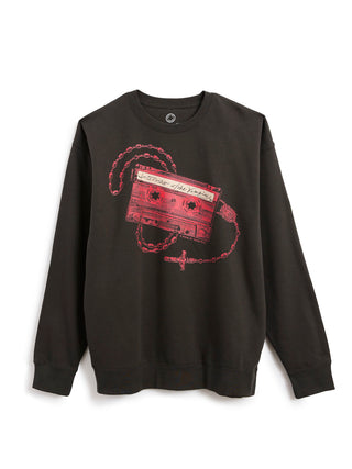A black crewneck sweatshirt featuring a red graphic print of a cassette tape with a chain and cross design on the front, displayed against a plain white background.