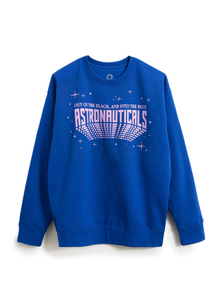 A royal blue crewneck sweatshirt featuring a pink graphic print on the front that reads 'OUT OF THE BLACK, AND INTO THE BLUE ASTRONAUTICALS' with stars and  curved lines