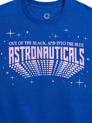 A close-up of a royal blue crewneck t-shirt featuring a graphic print that reads 'OUT OF THE BLACK, AND INTO THE BLUE ASTRONAUTICS' in white and light blue, with a stylized rocket trail and star accents.