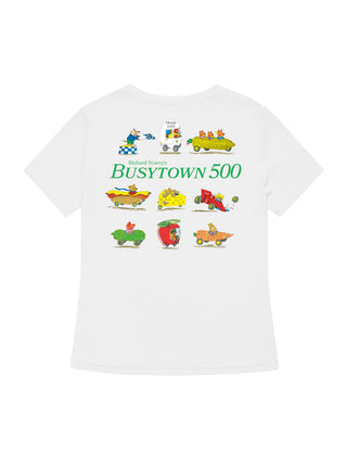 White t-shirt with colorful cartoon designs and text on a white background