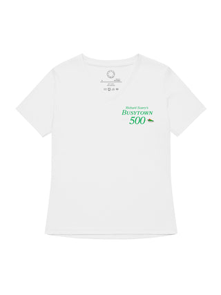 White t-shirt with green text on a white background