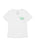 White t-shirt with green text on a white background