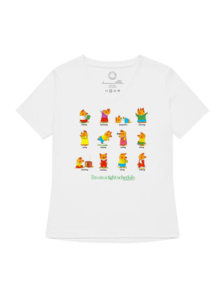 White t-shirt with colorful bear illustrations and text on a white background
