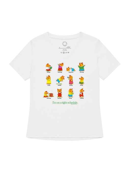 White t-shirt with colorful bear illustrations and text on a white background