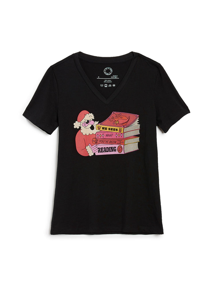 Santa: He Sees What You've Been Reading women's v-neck t-shirt