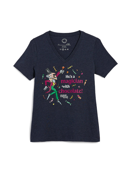Navy blue t-shirt with a colorful graphic and text on a white background