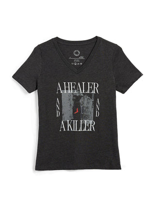 Black t-shirt with graphic design and text on a white background