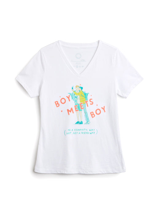 White t-shirt with graphic design and text on a white background