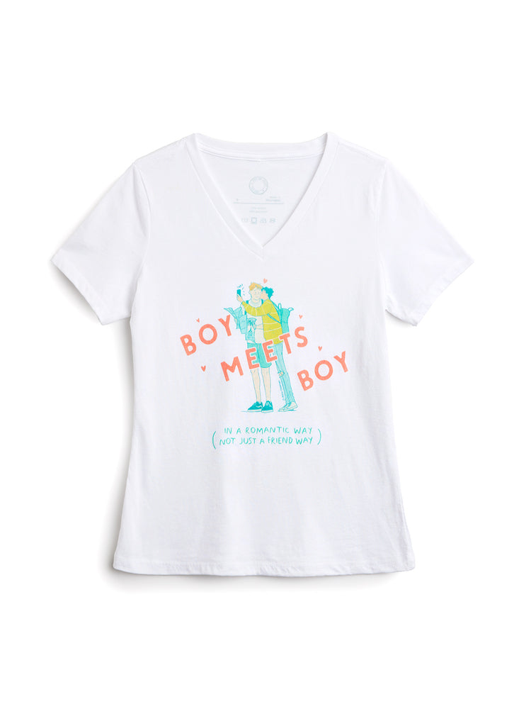 White t-shirt with graphic design and text on a white background